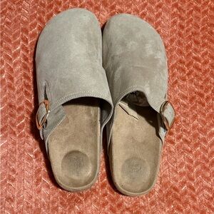 Time and Tru Taupe Suede Slip-On Clogs with Buckle
